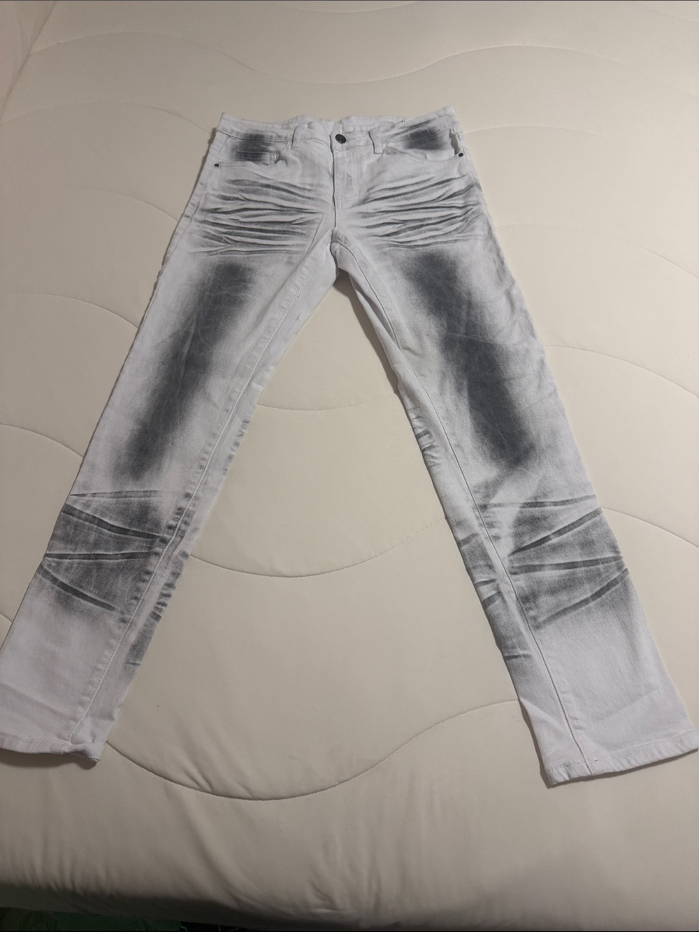 Slim Straight White Jeans with Gray Washed Accents